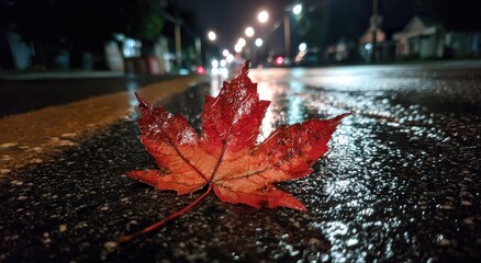 Autumn leaf on a wet city street at night (1)