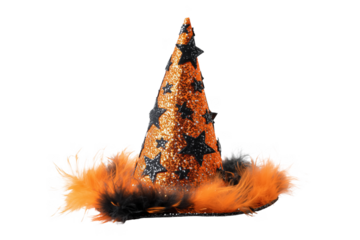 Orange glitter witch hat with black stars and orange feathers isolated on a transparent background halloween
