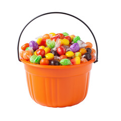 Orange Halloween bucket overflowing with assorted colorful candies isolated on a transparent background