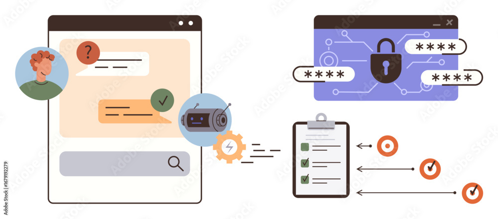 Poster browser window prompts user verification, gear linking secured webpage with lock and passwords, chec