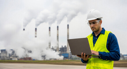 Industrial Worker with Laptop at Power Plant