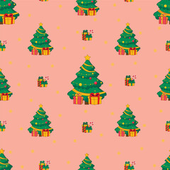 festive new year seamless pattern with christmas tree, snowflakes and gifts