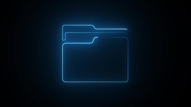 Neon glowing folder management icon for data storage, file organization, archive and digital directory on a background.
