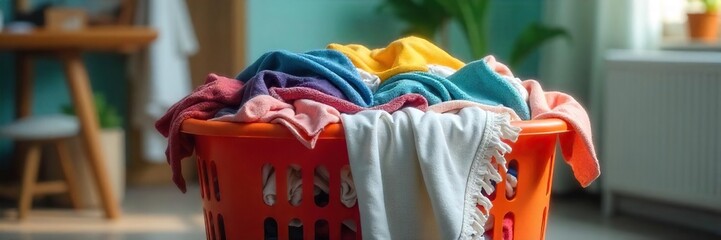 Overfull laundry basket overflowing with clothes, ready for washing  A cluttered home scene depicting a typical household chore  Time to do laundry!,  heap,  clean