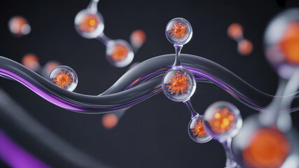 Abstract illustration of microscopic molecular structure with glowing elements and dark background