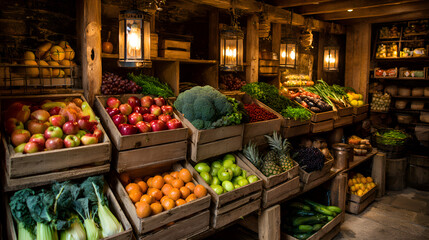 Fresh produce displayed on wooden crates in rustic grocery store