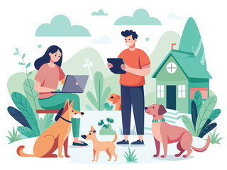 Happy family training dogs in a serene outdoor setting with a cozy home