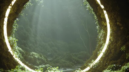 Camera pushing slowly dense mossy rainforest. Sunbeams thick fog pollen particles camera advances light align glowing circular portal trees. Ultra cinematic, magical 4K nature fantasy aesthetic - Powered by Adobe