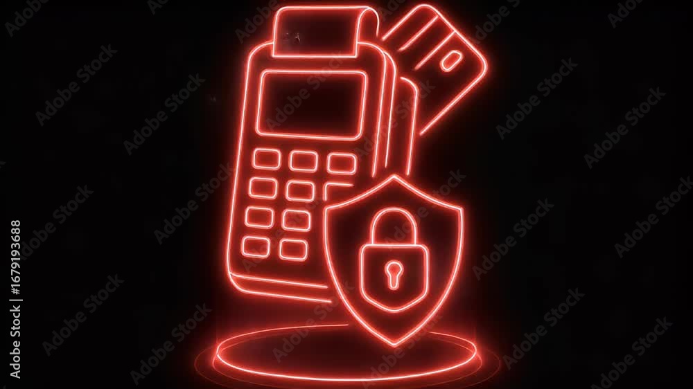 Poster secured transaction: a neon outline illuminates a secure payment gateway, showcasing a credit card p
