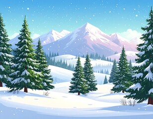 Winter wonderland landscape with snowy mountains and pine trees