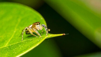 Fototapeta premium Jumping spider on vibrant leaf