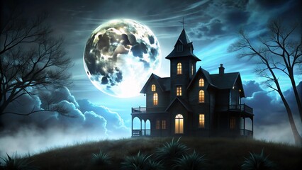 Haunted house silhouette on a moonlit night background