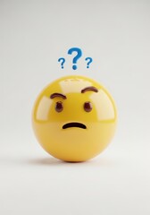 Fototapeta premium A glossy yellow sphere with an unhappy face expression and two blue question marks floating above it