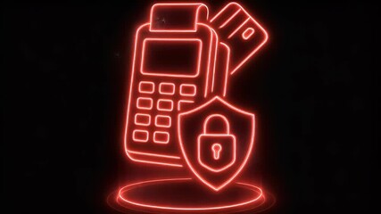 Secured Transaction: A neon outline illuminates a secure payment gateway, showcasing a credit card poised to finalize a transaction through a POS terminal.