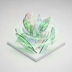 isometric 3d diorama of a technology process, translucent glass leaves intertwined with glowing soft green data streams, clean minimalist design. Generative AI.