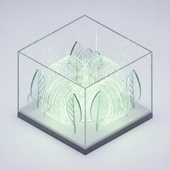 isometric 3d diorama of a technology process, translucent glass leaves intertwined with glowing soft green data streams, clean minimalist design. Generative AI.