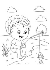 coloring book page of a cabbage fishing at a pond on a sunny day.