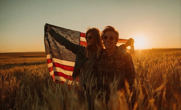 Couple in a field with an American flag at sunset