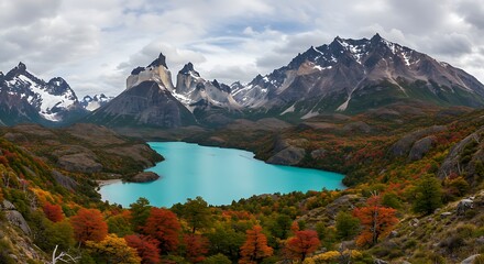 Stunning view of a turquoise lake and mountain range.