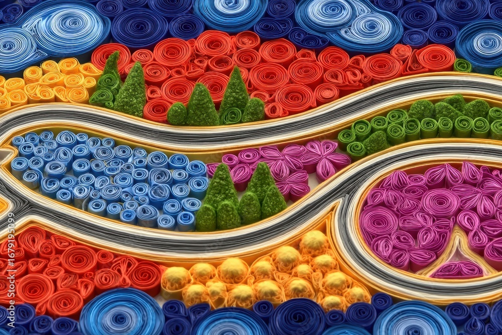 Poster quilled landscape scene concept. colorful abstract landscape with swirls and patterns.