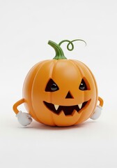 Animated orange pumpkin with a carved face, vine, and hands stands on a plain white surface