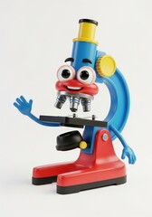 Animated microscope character with arms waving, red base, blue body, yellow knobs, against a white background