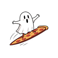Cute Ghost Surfing on a Pepperoni Pizza Slice.