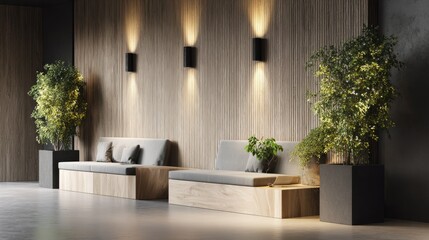 Modern 3D rendering of minimalist waiting space with sleek seating, wooden wall finish, potted greenery, and calming ambient light in office setting