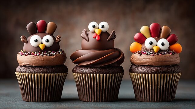 Chocolate festive cupcakes topped with turkey figurine decorations, symbolizing Thanksgiving celebration, autumn holiday traditions - Powered by Adobe