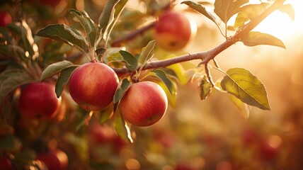 Three apples hanging from a tree in a field. Scene is calm and tranquil
