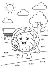coloring book page of a cabbage enjoying an ice cream cone outdoors.
