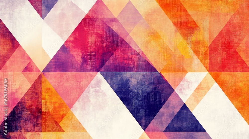 Poster exploring bold overlapping triangles in geometric patterns art studio digital artwork vibrant enviro