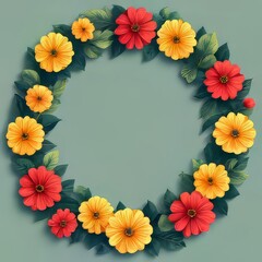 Obraz premium Floral Wreath with Red and Yellow Flowers