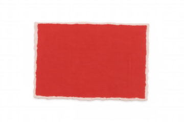 Red torn paper rectangle floating against transparent backdrop, creating empty space for graphic design compositions