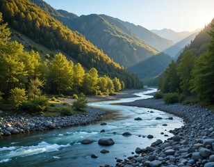 Serene mountain valley with a winding river flowing through lush green forest under a clear blue sky at sunrise.