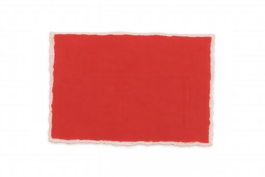 Red torn paper rectangle floating against transparent backdrop, creating empty space for graphic design compositions