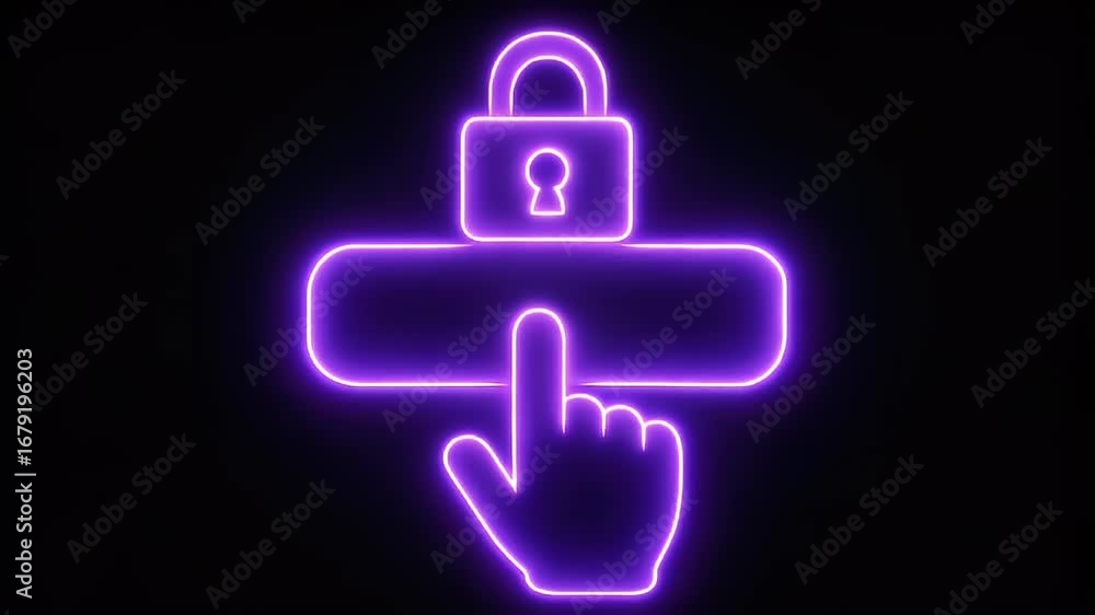 Poster digital security: a neon-lit padlock icon represents digital security, a finger presses a button and