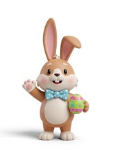 Obraz premium Easter Bunny 3D rendering of a cartoon bunny, holding an Easter egg and waving, with blue polka-dot bow tie
