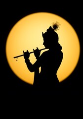 Dramatic Silhouette Illustration of Krishna Playing Flute Against the Golden Moon