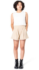 Woman png mockup in white tank top and beige shorts summer apparel