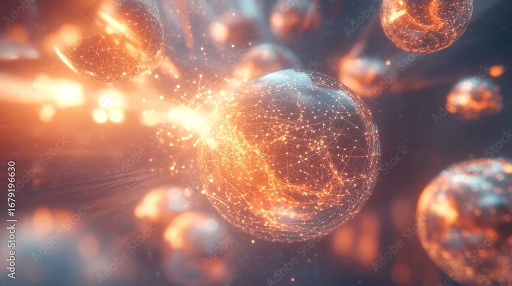 Poster orbiting glowing data spheres surrounding a digital core in a virtual environment for innovative vis