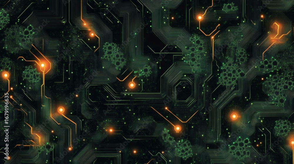 Aufkleber illuminating circuit patterns dark background digital artwork abstract environment top-down view glo