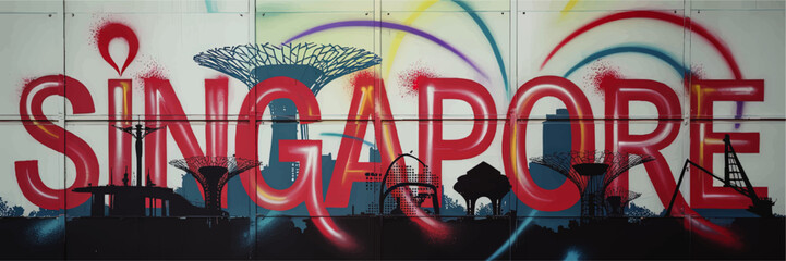 Vibrant Singapore Street Art Mural Featuring Modern Skyline, Supertree Grove Silhouettes, and Colorful Urban Graffiti