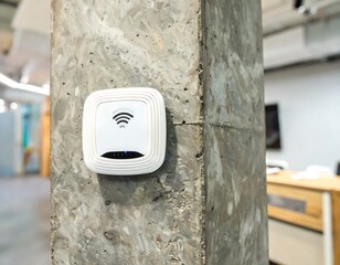 Wireless device mounted on concrete pillar in an office