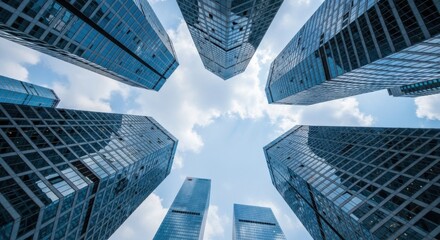 Low angle view of modern skyscrapers in a business district with a blue sky and clouds in the background on a sunny day