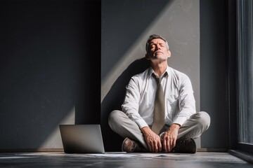 Mature businessman sitting cross-legged on office floor in beam of sunlight, eyes closed, meditating after stressful day