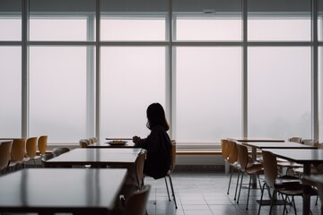 Woman sitting alone in empty office cafeteria, staring out foggy window, sense of isolation and quiet reflection in modern workplace