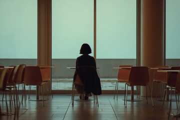 Woman sitting alone in empty cafeteria, gazing out large window in silence, lonely moment in muted morning light