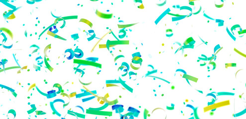 Bright teal, green, and yellow confetti falling on white. Perfect for party, celebration, or festive designs.