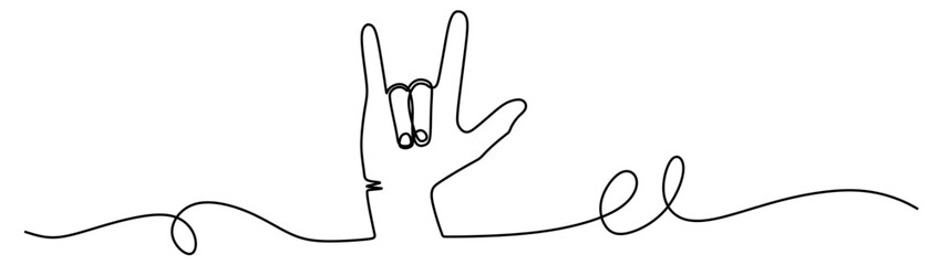 continuous line art of a hand showing metal or rock and roll fingers. vector illustration